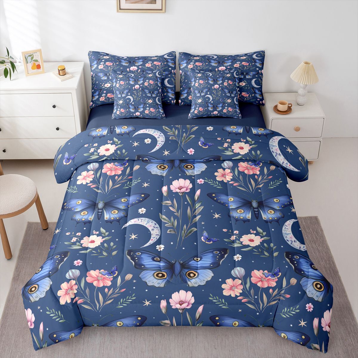 Homewish Flying Blue Butterflies 7 Pieces Bedding Comforter Set for Teens Female Men,Pink Floral Flower Full Bedding Set Lightweight,Dreamy Princess Fitted Sheet Flat Sheet,Microfiber Bedroom Decor