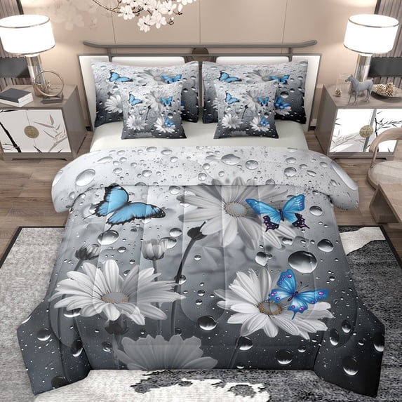 Homewish Flying Blue Butterflies 7-Piece King Bedding Set - Floral Daisy Flowers