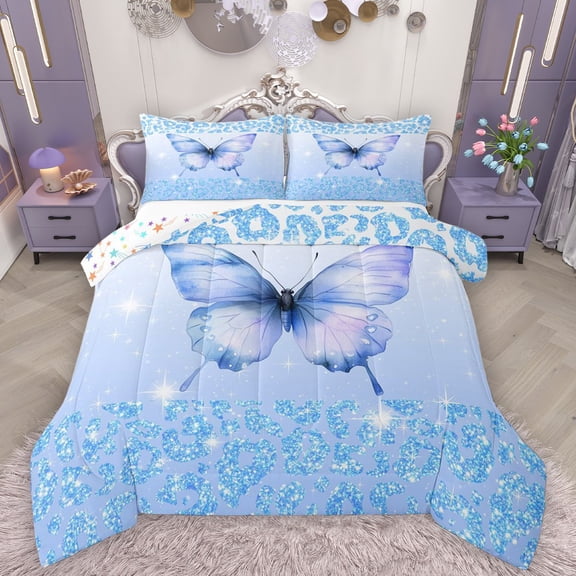 Homewish Flying Blue Butterfly 2pcs Bedding Comforter Set For Teens Boys Girls,Gradient Ombre Glitter Twin Comforter Sets,Leopard Cheetah Print Breathable Bedding Set,Breathable Home Decor