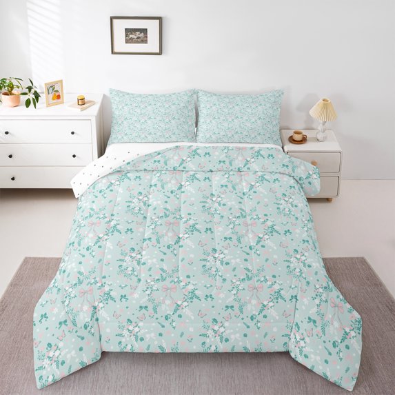 Homewish Flying Butterflies 3 Pieces Queen Comforter Set for Teens Girls Boys,Chic Bow Floral Flowers Ultra Soft Bedding Sets,Spring Garden Bedding Comforter Set Breathable,Breathable Home Decor