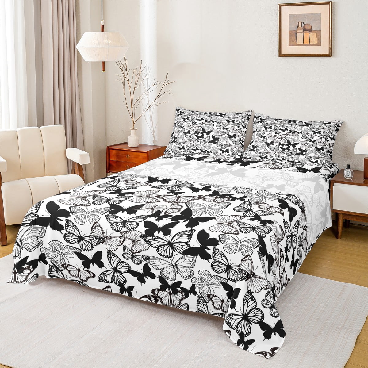 Homewish Flying Butterflies 4pcs Bed Sheets for Boys Girls,Black White King Sheets,Retro Vintage Super Cozy Sheet Set,Breathable Home Decor