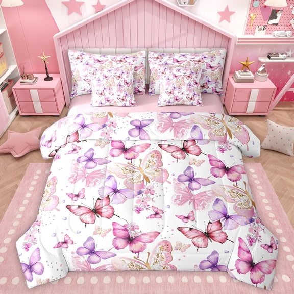 Homewish Flying Butterflies 7-Piece Bedding Comforter Set For Teens Boys Girls,Chic Flowers King Bedding Sets,Dreamy Princess Ultra Soft Bed Sheets,Ultra Soft Home Decor,Reversible