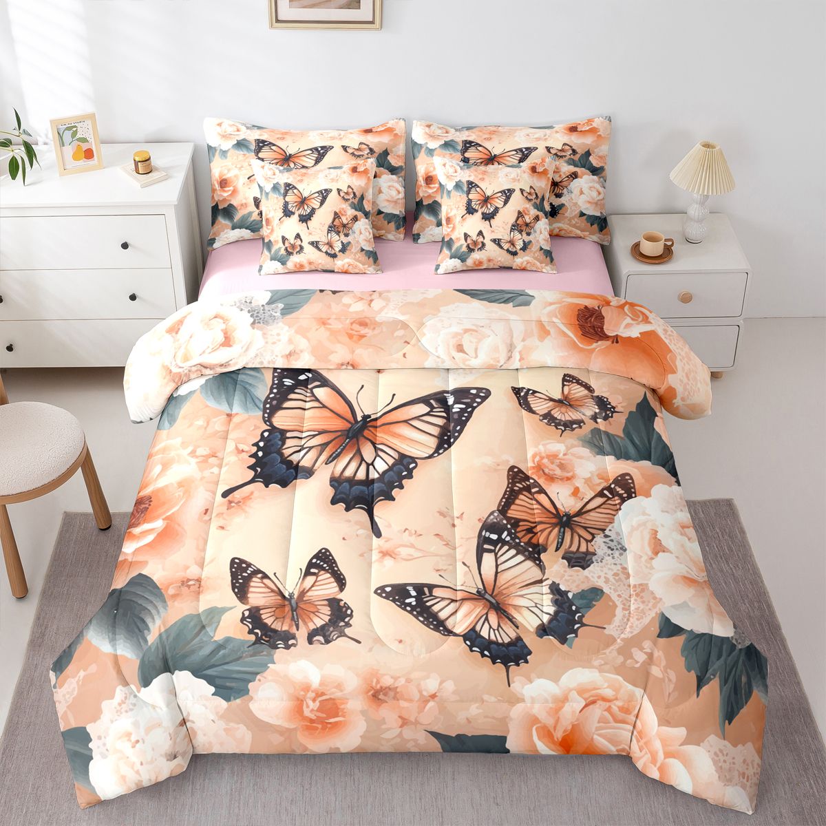 Homewish Flying Butterflies 7-Piece Bedding Comforter Set For Teens Boys Girls,Chic Flowers King Bedding Sets,Retro Vintage Ultra Soft Bed Sheets,Ultra Soft Home Decor,Reversible