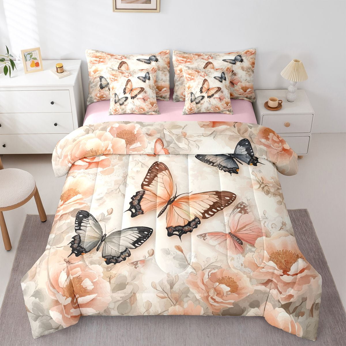 Homewish Flying Butterflies 7-Piece Twin Bedding Sets For Female Teens Adults,Floral Blossoms Bedding Comforter Set,Spring Garden Breathable Sheet Sets,Super Cozy Room Decor,Reversible