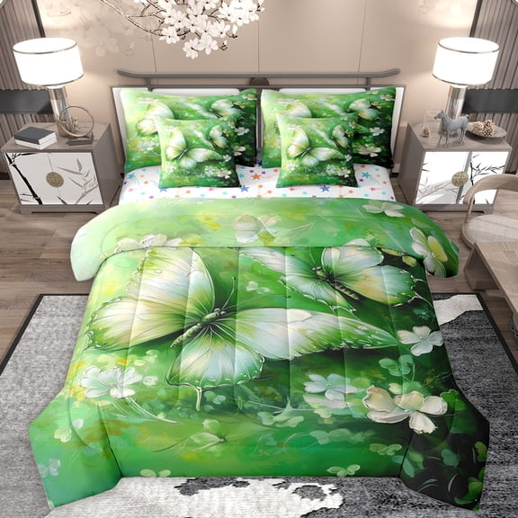 Homewish Flying Butterflies 7-Piece Twin Bedding Sets For Teens,Chic Green Flowers Bedding Comforter Set,Spring Garden Breathable Sheet Sets,Ultra Soft Home Decor,Reversible