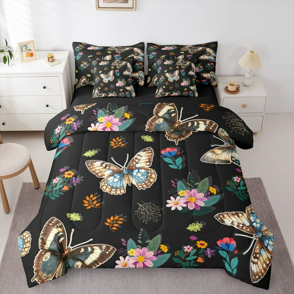 Homewish Flying Butterflies 7 Pieces Bedding Comforter Set for Teens Female Men,Chic Flowers Full Bedding Set Lightweight,Abstract Gradient Ombre Fitted Sheet Flat Sheet,Breathable Home Decor