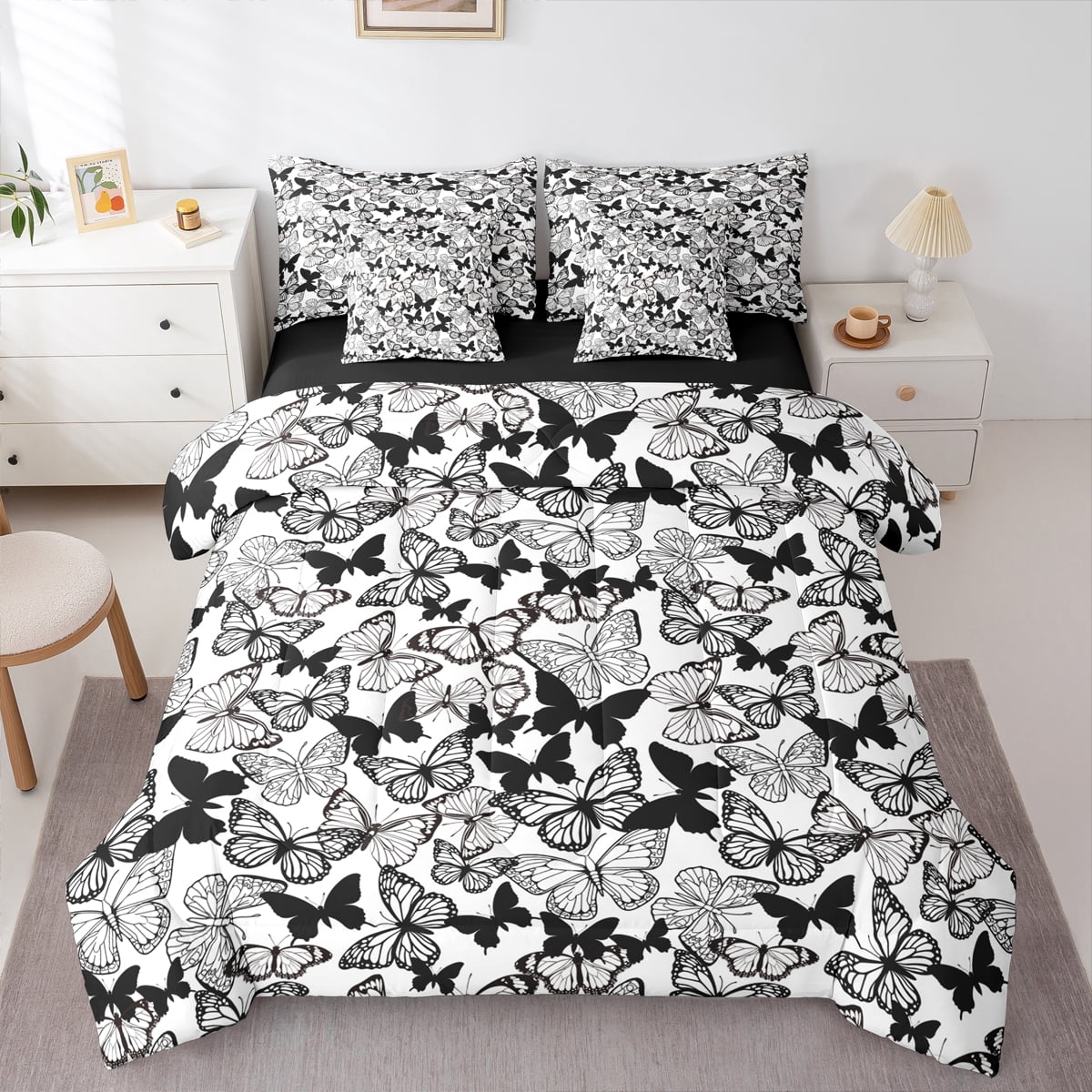 Homewish Flying Butterflies 7pcs Bedding Comforter Set for Boys Girls,Black White Queen Bedding Sets Super Cozy,Retro Vintage Queen Sheet Sets,Breathable Home Decor,Reversible