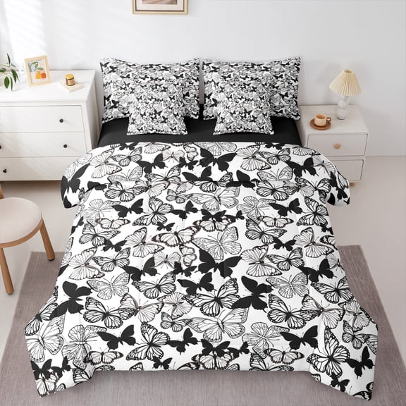 Homewish Flying Butterflies 7pcs Bedding Comforter Set for Boys Girls,Black White Queen Bedding Sets Super Cozy,Retro Vintage Queen Sheet Sets,Breathable Home Decor,Reversible
