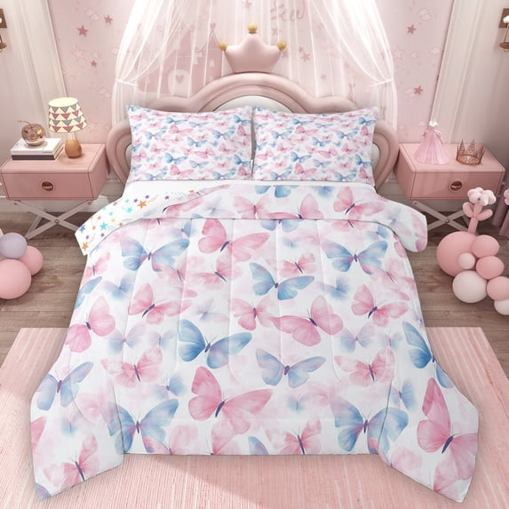 Homewish Flying Butterflies Bedding Comforter Set 2pcs for Teens Boys Girls,Pink Blue Twin Comforter Sets Microfiber,Dreamy Princess Breathable Bedding Set,Lightweight Room Decor,Reversible
