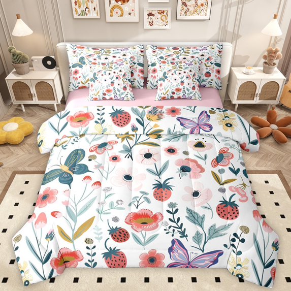 Homewish Flying Butterflies Bedding Comforter Set 7-Piece for Female Men Adults,Floral Strawberry King Bedding Sets,Chic Flowers Ultra Soft Bed Sheets,Breathable Home Decor,Reversible