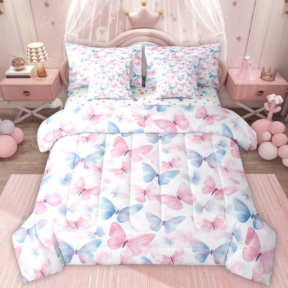 Homewish Flying Butterflies 7-Piece Full Bedding Set - Pink Blue Princess