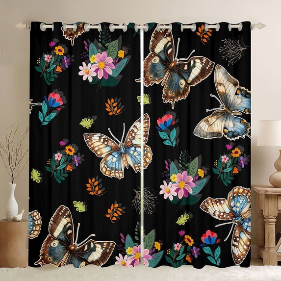Homewish Flying Butterflies Blackout Curtains Set of 2 (52x84 Each) for Teens Female Men,Chic Flowers Window Curtains,Abstract Gradient Ombre Curtains and Drapes,Breathable Home Decor