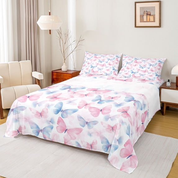 Homewish Flying Butterflies Twin Sheet Sets 3pcs for Teens Boys Girls,Pink Blue Twin Fitted Sheet Microfiber,Dreamy Princess Breathable Flat Sheet,Lightweight Room Decor