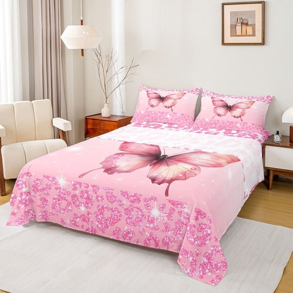 Homewish Flying Butterfly 4-Piece Full Size Sheets For Children Teens Female,Bling Leopard Print Bed Sheets,Pink Glitter Lightweight Sheet Sets,Microfiber Bedroom Decor
