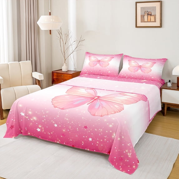 Homewish Flying Butterfly 4pcs Bed Sheets For Children Teens Female,Stars Bling Glitter King Sheets,Gradient Ombre Pink Super Cozy Sheet Set,Microfiber Bedroom Decor