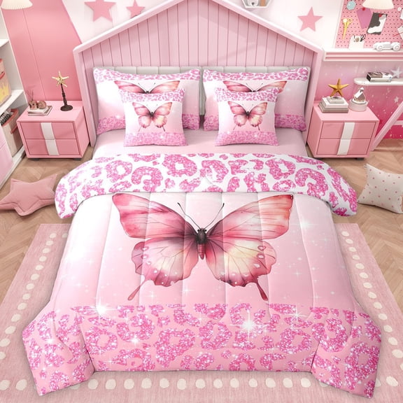 Homewish Flying Butterfly 7-Piece Bedding Comforter Set For Children Teens Female,Bling Leopard Print King Bedding Sets,Pink Glitter Ultra Soft Bed Sheets,Microfiber Bedroom Decor,Reversible