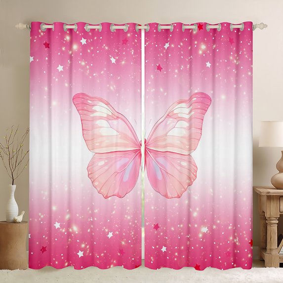 Homewish Flying Butterfly Black Out Curtains For Children Teens Female,Stars Bling Glitter Curtains Pack of 2 (42x63 Each),Gradient Ombre Pink Bedroom Curtains,Microfiber Bedroom Decor