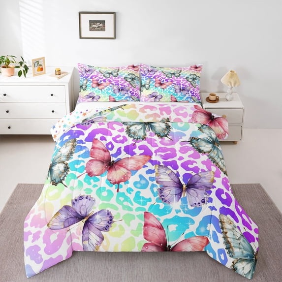 Homewish Flying Colorful Butterflies 3-Piece Full Size Comforter Sets For Teens Girls Adults Female,Abstract Cheetah Print Bedding Comforter Set,Gradient Ombre Lightweight Bedding Sets