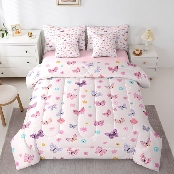 Homewish Flying Colorful Butterflies 7-Piece Bedding Comforter Set For Teens,Chic Flowers Blossoms King Bedding Sets,Spring Garden Ultra Soft Bed Sheets,Luxury Bedroom Decor,Reversible