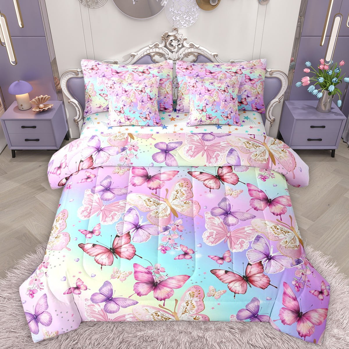 Homewish Flying Colorful Butterflies 7-Piece Bedding Comforter Set For Teens Girls Adults Female,Dreamy Princess King Bedding Sets,Abstract Gradient Ombre Ultra Soft Bed Sheets,Super Cozy Room Decor