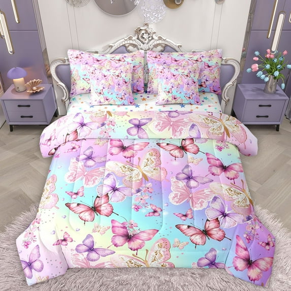 Homewish Flying Colorful Butterflies 7 Pieces Bedding Comforter Set For Teens Girls Adults Female,Dreamy Princess Full Bedding Set Lightweight,Abstract Gradient Ombre Fitted Sheet Flat Sheet