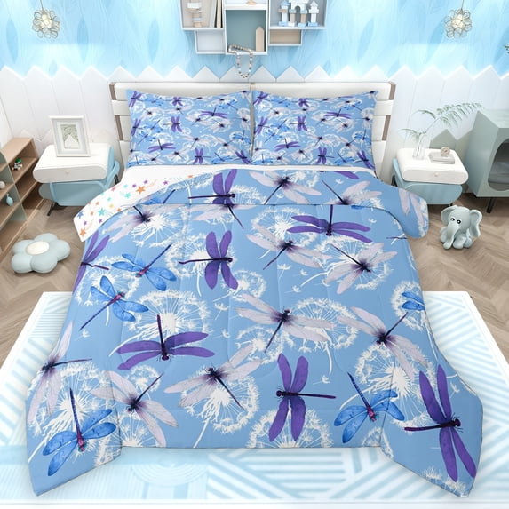 Homewish Flying Dragonflies Bedding Comforter Set 2pcs for Boys Girls,Chic Floral Dandelion Twin Comforter Sets Microfiber,Mother'S Day Gifts Breathable Bedding Set,Microfiber Bedroom Decor