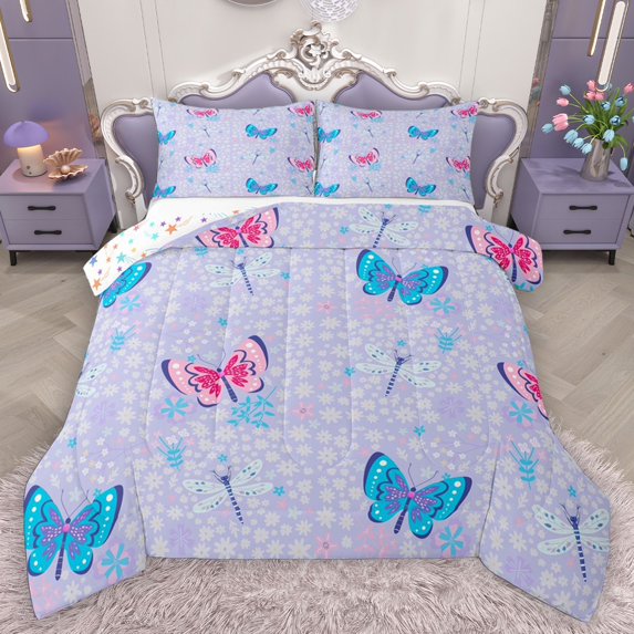 Homewish Flying Dragonflies Butterflies 3 Pieces Queen Comforter Set for Boys Girls,Spring Garden Ultra Soft Bedding Sets,Chic Flowers Bedding Comforter Set Breathable,Microfiber Bedroom Decor
