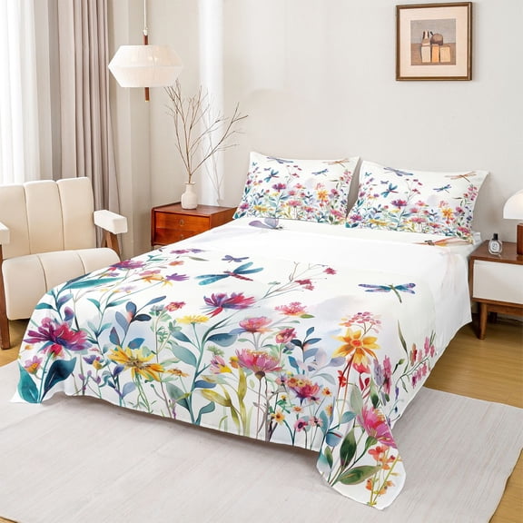 Homewish Flying Dragonflies Twin Sheet Sets 3pcs for Female Men Adults,Colorful Flowers Twin Fitted Sheet Microfiber,Spring Garden Breathable Flat Sheet,Breathable Home Decor