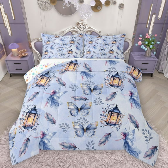 Homewish Flying Fairy Butterflies 3-Piece Full Size Comforter Sets For Teens Boys Girls,Chic Flowers Bedding Comforter Set,Dreamy Princess Lightweight Bedding Sets,Ultra Soft Home Decor,Reversible