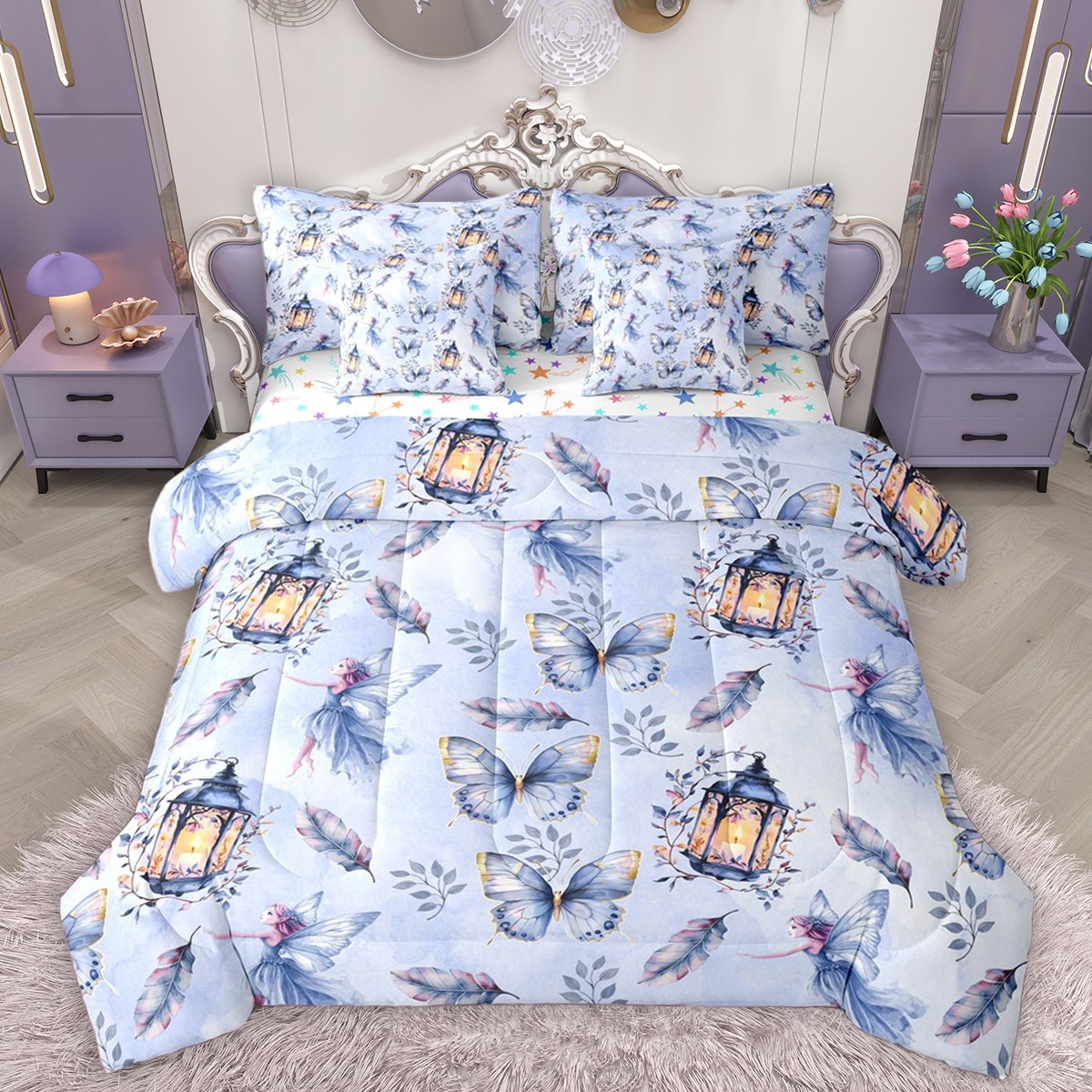 Homewish Flying Fairy Butterflies 7pcs Bedding Comforter Set For Teens Boys Girls,Chic Flowers Queen Bedding Sets Super Cozy,Dreamy Princess Queen Sheet Sets,Ultra Soft Home Decor,Reversible