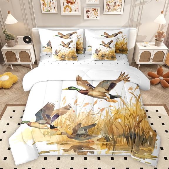 Homewish Flying Mallard Duck 7-Piece Bedding Comforter Set,Rustic Farmhouse Cabin King Bedding Sets,White Brown Bed Sheets For Kids,Microfiber Bedroom Decor Reversible