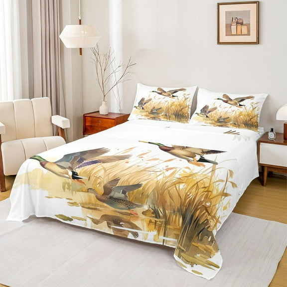 Homewish Flying Mallard Duck Bed Sheets,Rustic Farmhouse Cabin King Sheets,White Brown Sheet Set For Kids,Microfiber Bedroom Decor,4-Piece