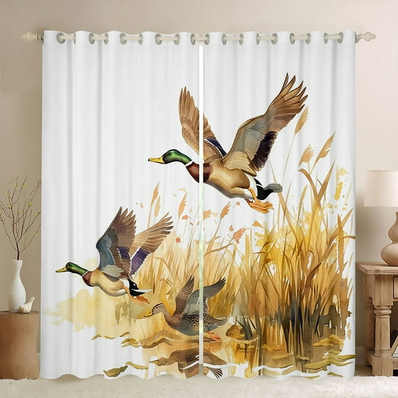 Homewish Flying Mallard Duck Black Out Curtains,Rustic Farmhouse Cabin Curtains Pack of 2 (42x63 Each),White Brown Bedroom Curtains For Kids,Microfiber Bedroom Decor