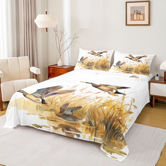 Homewish Flying Mallard Duck Queen Sheet Sets,Rustic Farmhouse Cabin Flat Sheet,White Brown Queen Fitted Sheet For Kids,Microfiber Bedroom Decor,4pcs