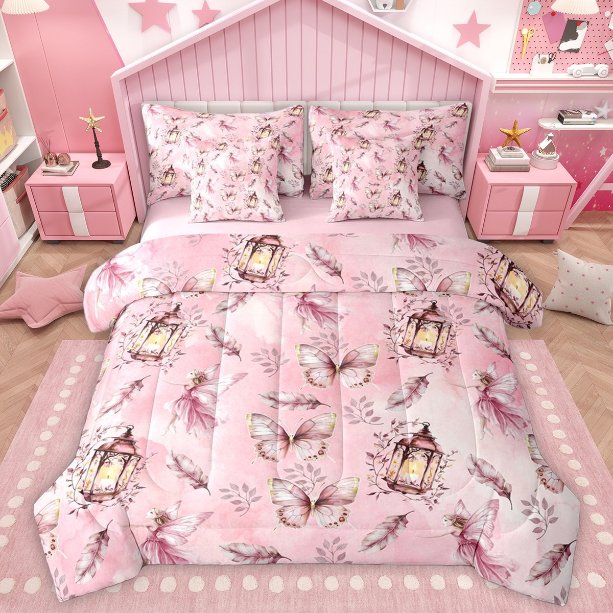 Homewish Flying Pink Butterflies 7pcs Bedding Comforter Set For Teens Girls Adults Female,Dreamy Princess Queen Bedding Sets Super Cozy,Cartoon Fairy Elf Queen Sheet Sets,Super Cozy Room Decor