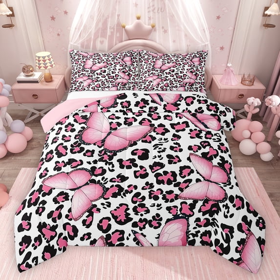 Homewish Flying Pink Butterflies Girl 3 Pieces Queen Comforter Set,Leopard Print Ultra Soft Bedding Sets,Black Pink Bedding Comforter Set Breathable,Breathable Home Decor,Reversible
