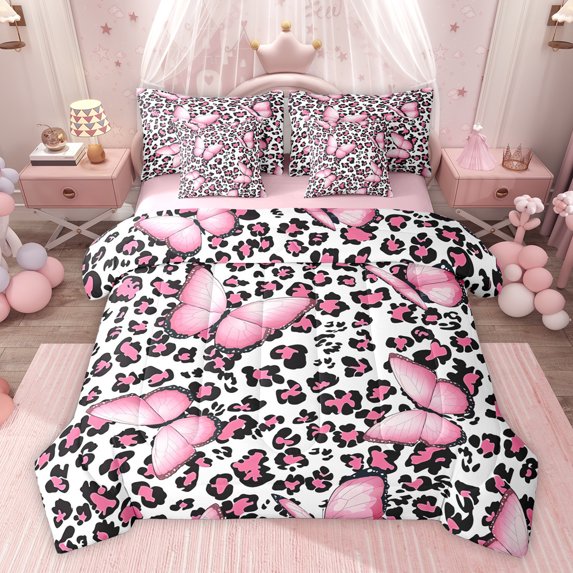 Homewish Flying Pink Butterflies Girl Bedding Comforter Set 7 Pieces,Leopard Print Full Bedding Set Lightweight,Black Pink Fitted Sheet Flat Sheet,Breathable Home Decor,Reversible