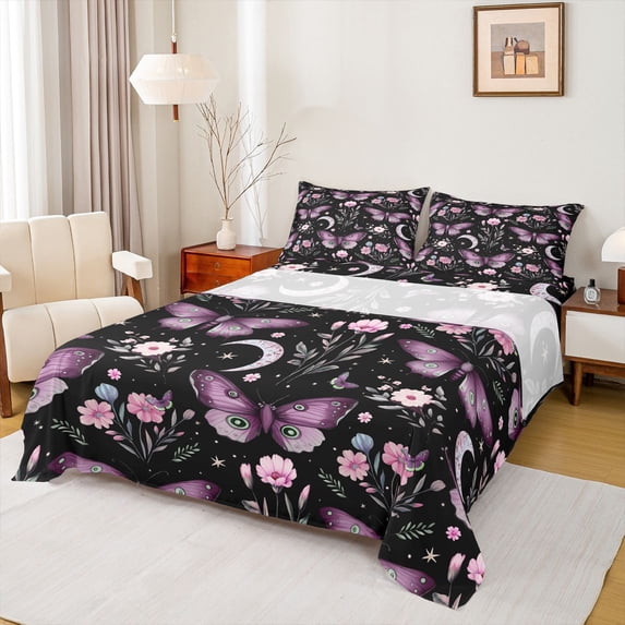 Homewish 4-Piece Flying Purple Butterflies Pink Floral Dreamy Princess Queen Microfiber Bedding Set
