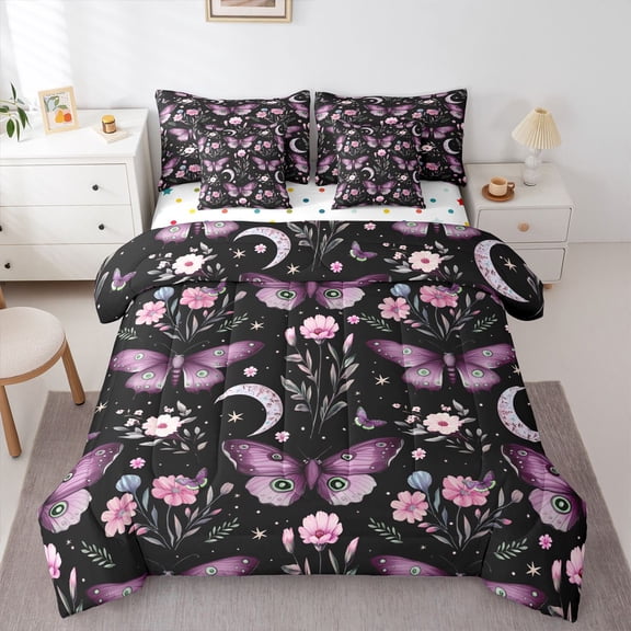Homewish Flying Purple Butterflies 7pcs Bedding Comforter Set for Teens Female Men,Pink Floral Flower Queen Bedding Sets Super Cozy,Dreamy Princess Queen Sheet Sets,Microfiber Bedroom Decor