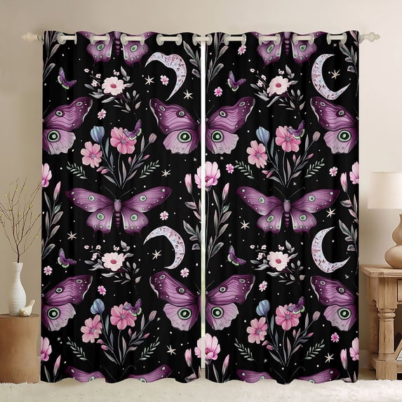 Homewish Flying Purple Butterflies Blackout Curtains Set of 2 (52x84 Each) for Teens Female Men,Pink Floral Flower Window Curtains,Dreamy Princess Curtains and Drapes,Microfiber Bedroom Decor