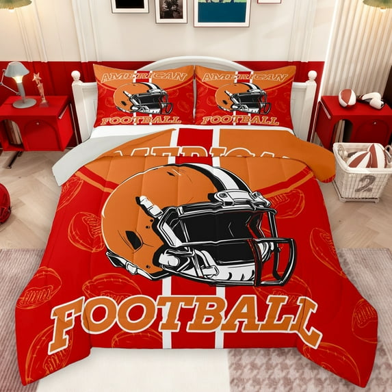 Homewish Foorball Gamer Queen Comforter Set,Rugby Sport Theme Bedding Sets,Orange Red Bedding Comforter Set For Kids,Microfiber Bedroom Decor Reversible,3pcs