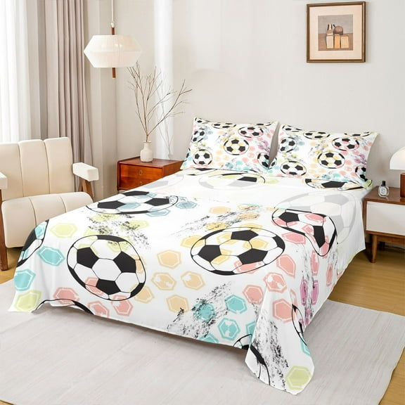 Homewish Football Ball Game Twin Sheet Sets,Modern Geometric Hockeycomb Twin Fitted Sheet,Colorful Hexagon Flat Sheet For Boys Kids,Luxury Bedroom Decor,3 Pieces
