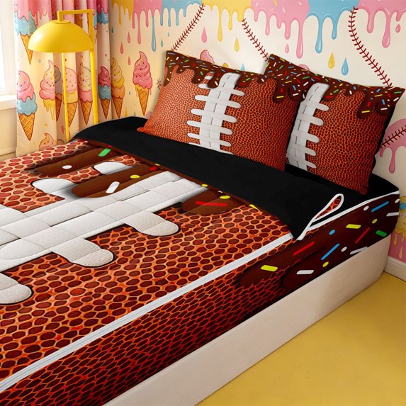 Homewish Football Brown Ice Cream Drip Zipper Full Size Comforter Sets with Fitted Sheet and 2 Pillowcases,Ball Gamer Zipper Bedding Set for Boys,4pcs,Black Reversible