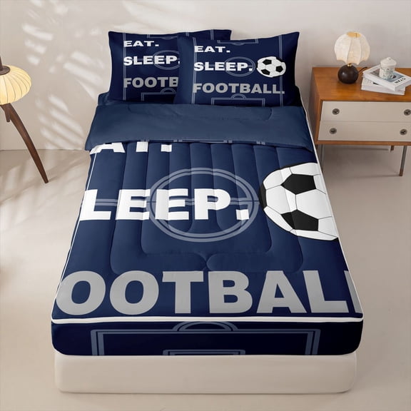 Homewish Football Court Pattern Zipper Twin Comforter Sets with Fitted Sheet and 2 Pillowcases,Ball Sport Games Zipper Bedding Set For Soccer Lovers,Navy Blue Reversible,4 Pieces