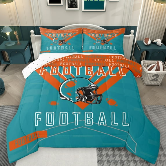 Homewish Football Game Lover Bedding Comforter Set,Rugby Sport Theme Twin Comforter Sets,Orange Cyan Bedding Set For Kids,Super Cozy Room Decor Reversible,2pcs