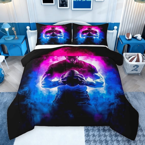 Homewish Football Gamer Full Size Comforter Sets 3-Piece for Boys,Sport Gaming Rugby Bedding Comforter Set,Abstract Gradient Blue Pink Lightweight Bedding Sets,Microfiber Bedroom Decor