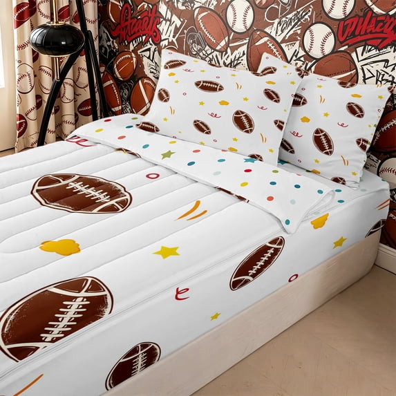 Homewish Football Gamer Zipper Full Size Comforter Sets with Fitted Sheet and 2 Pillowcases,Girls Boys Sport Theme Rugby Zipper Bedding Set,4pcs