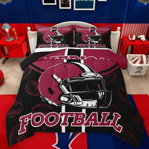Homewish Football Helemt Bedding Comforter Set,Rugby Sport Lovers Twin Comforter Sets,Black Red Bedding Set For Boys,Ultra Soft Home Decor Reversible,2-Piece