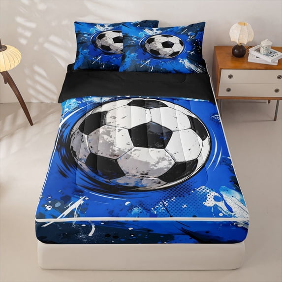 Homewish Football Lover Kid Zipper Full Size Comforter Sets with Fitted Sheet and 2 Pillowcases, Blue Watercolor Zipper Bedding Set, Navy Reversible, 4pcs