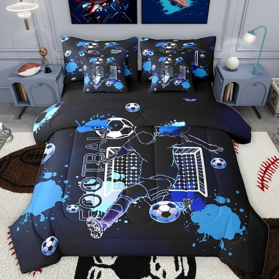 Homewish Football Lovers 7-Piece Twin Bedding Sets,Soccer Sport Theme Bedding Comforter Set,Blue Splash Ink Sheet Sets For Teens,Breathable Home Decor Reversible